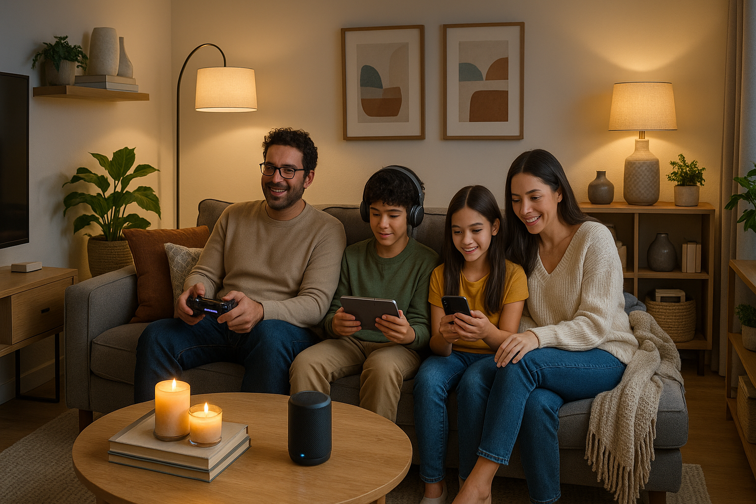add a family sitting down using gadgets eg phone consel speaker headphone ect